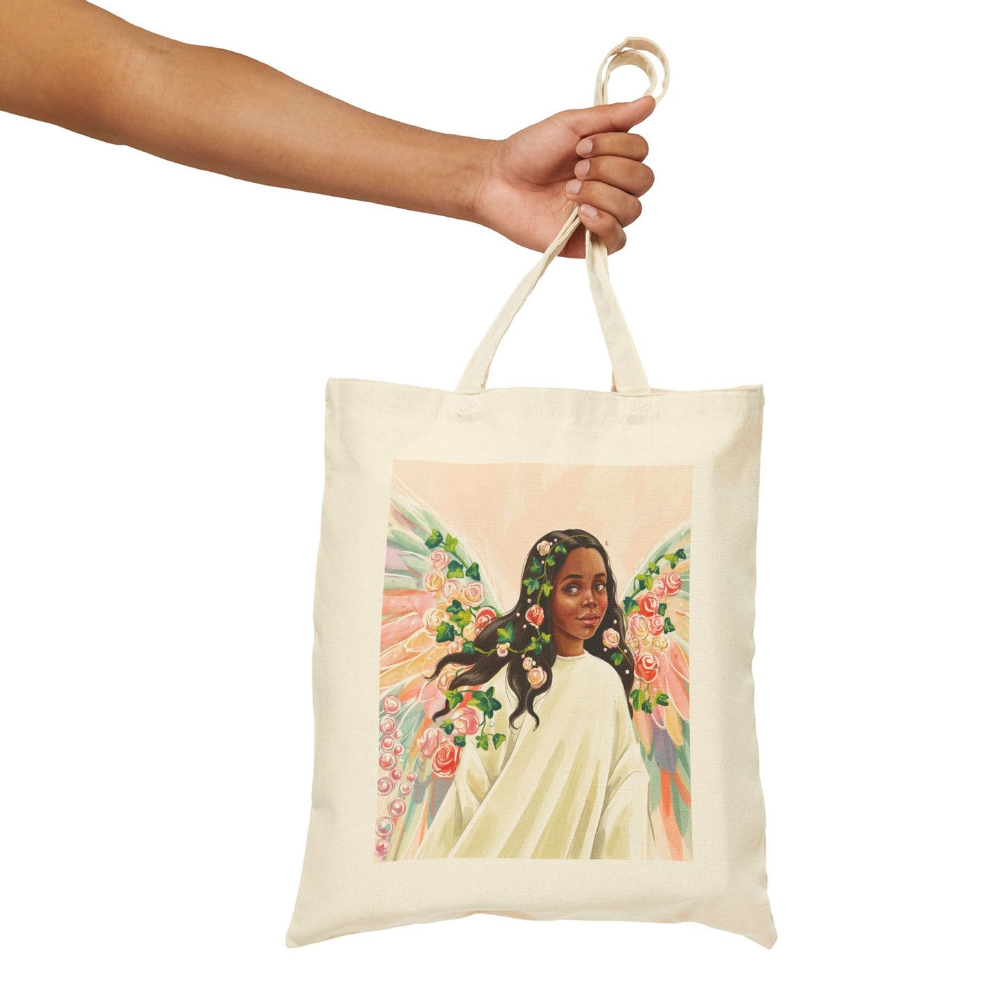 Angel Portrait with Watercolor Ivy and Flowers - Canvas Tote Bag