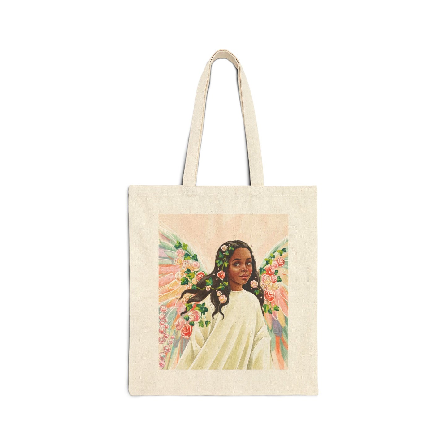 Angel Portrait with Watercolor Ivy and Flowers - Canvas Tote Bag