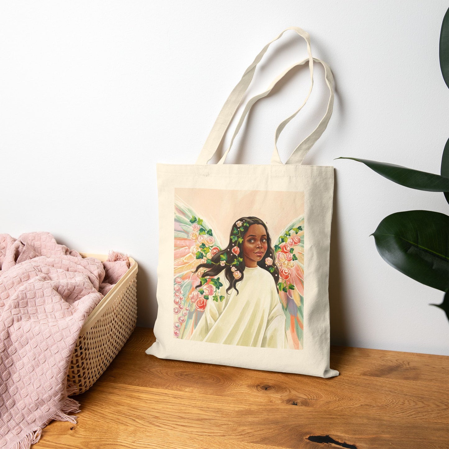 Angel Portrait with Watercolor Ivy and Flowers - Canvas Tote Bag